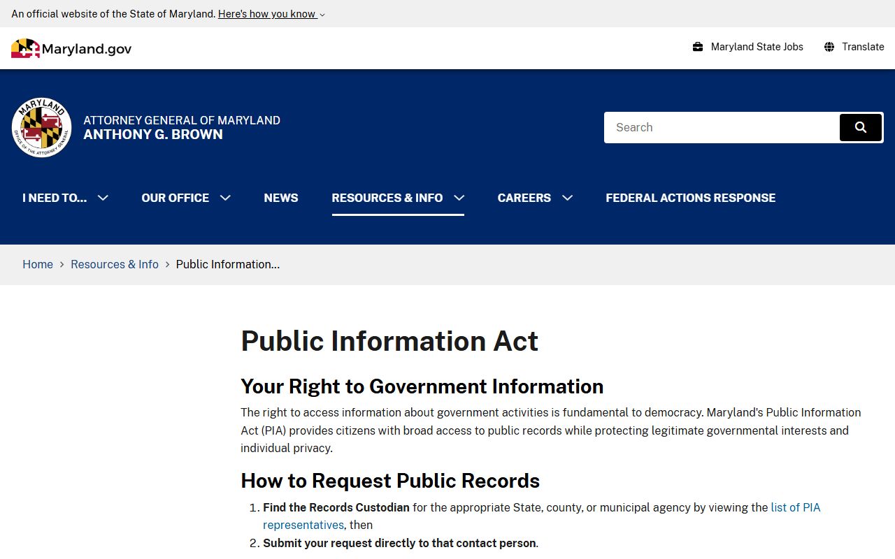 Maryland Attorney General PIA page for busted mugshots records requests