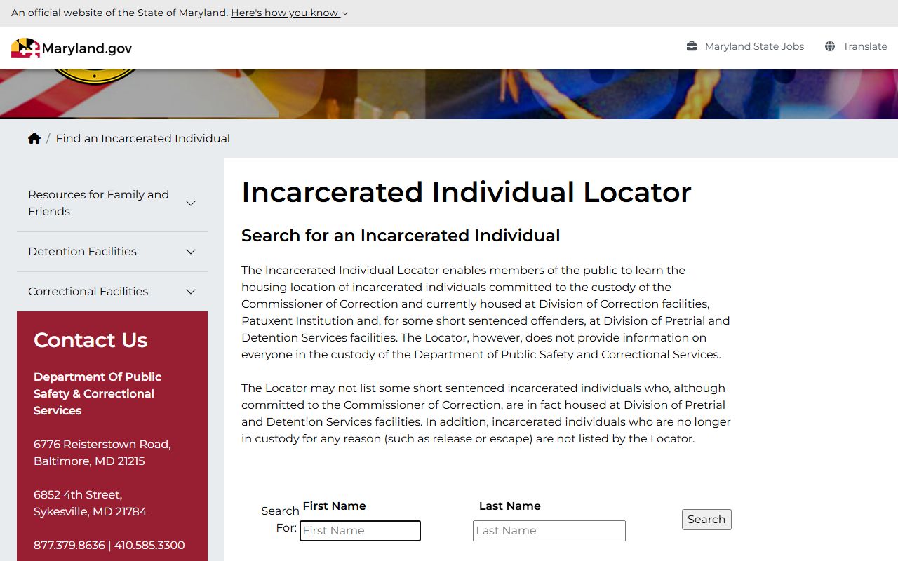Maryland DPSCS Incarcerated Individual Locator for busted mugshots search