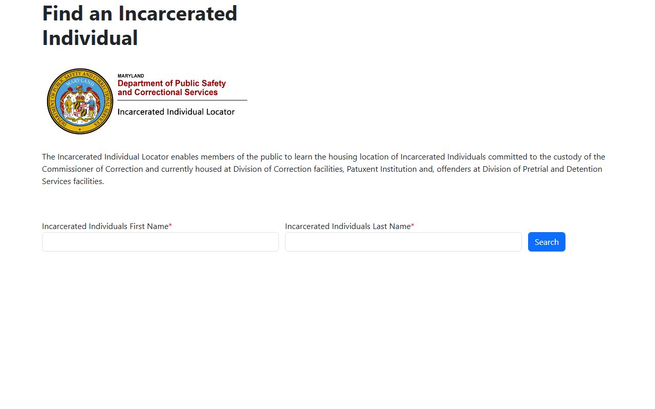 DPSCS Individual Locator Database search page for Maryland inmates