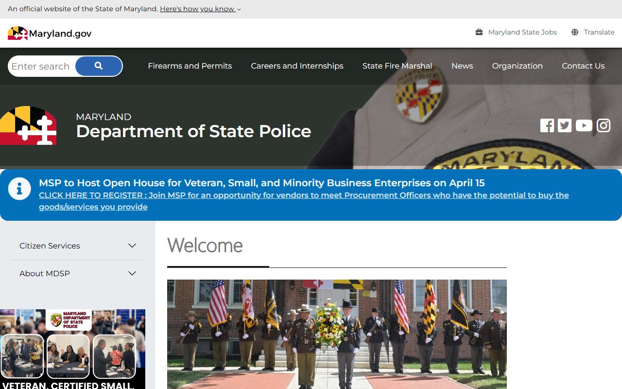 Maryland State Police CJIS website for criminal history and busted mugshots checks